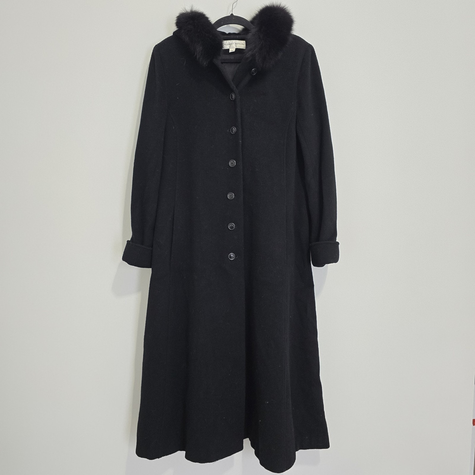 Vintage Albert Nipon Fox Fur Hooded Wool Velvet Long Coat - Size 16